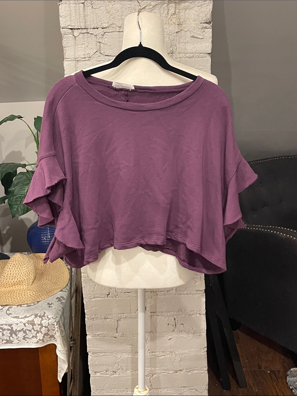 BUCKETLIST Purple Ruffle-Sleeve Cropped Top cozy cotton